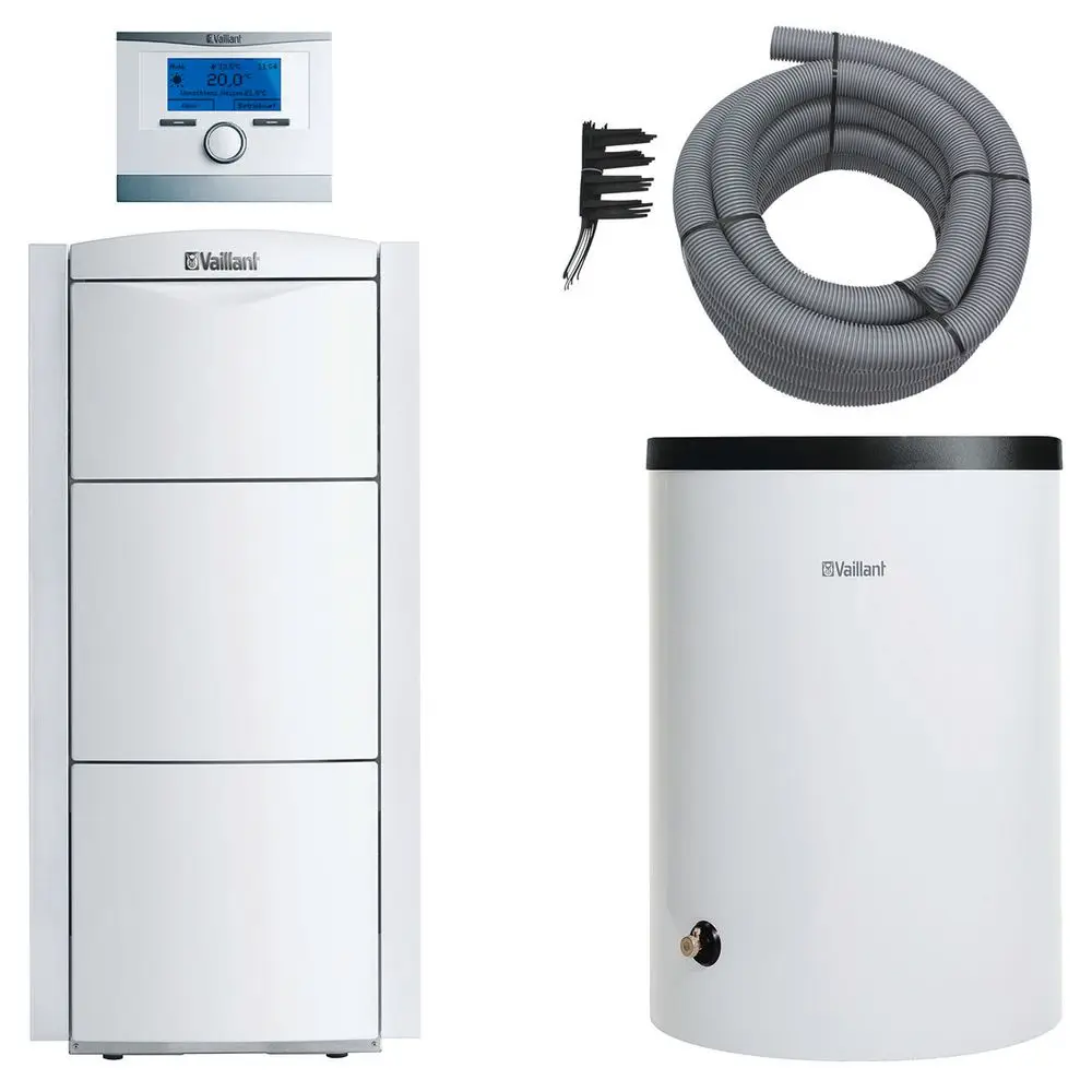 Vaillant Heizgerät mit Wandsteuerung, flexibler Abgasleitung und einem weißen Pufferspeicher. Gerät in modernen Design für Heizungsinstallation.